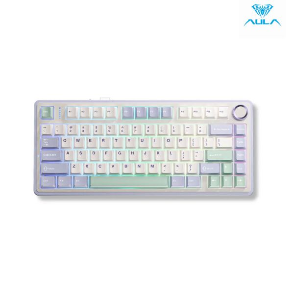 Bàn phím cơ gaming 3 MODE AULA F75- Màu tím nhạt+be+ xanh lá, 80 phím, USB Type-C- có dây, không dây 2.4G & BT, LED RGB 16.8 triệu màu, Reaper switch, Núm xoay đa chức năng, Linear,Hot-Swap